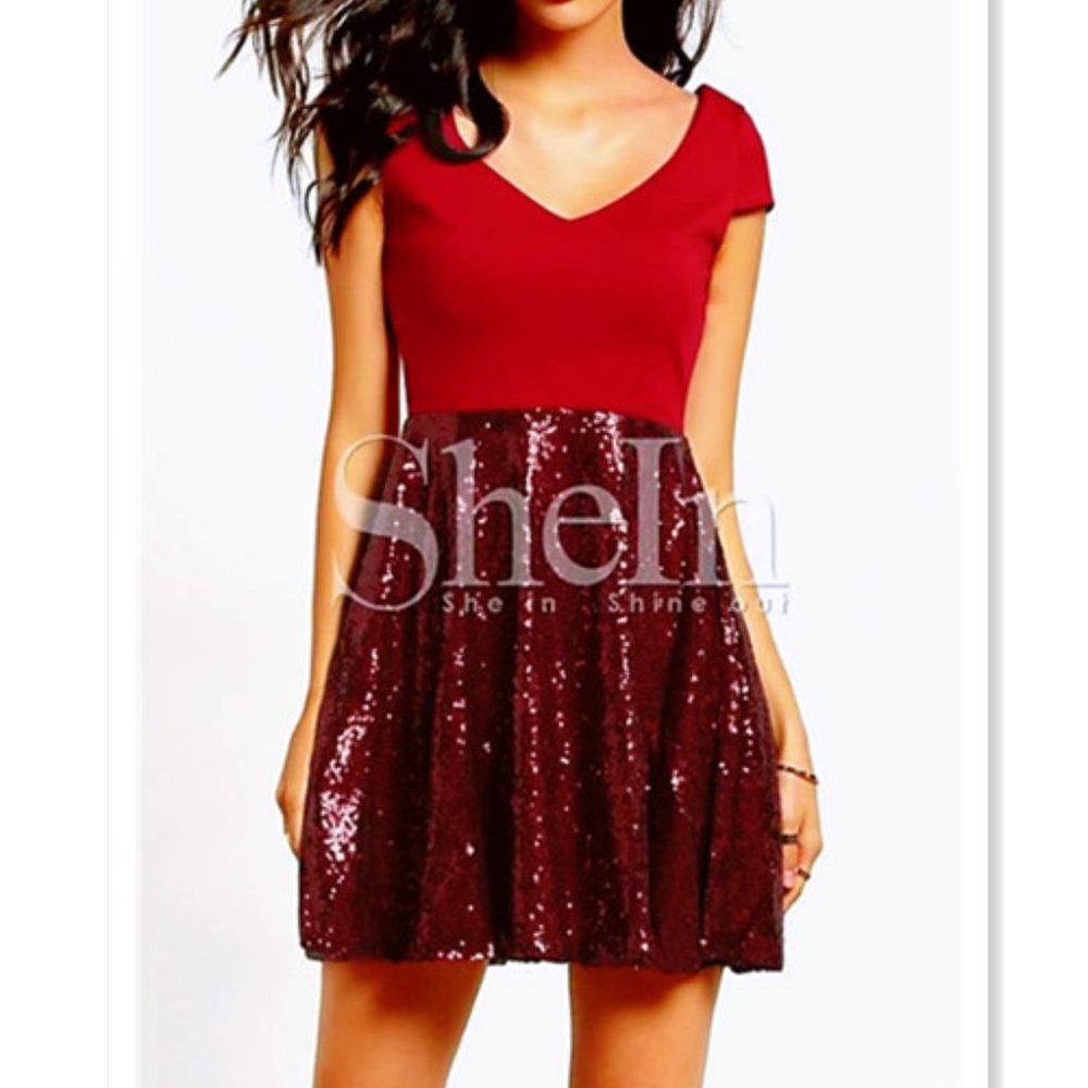 Wine Red Cap Sleeve Sequin Pleated Dress